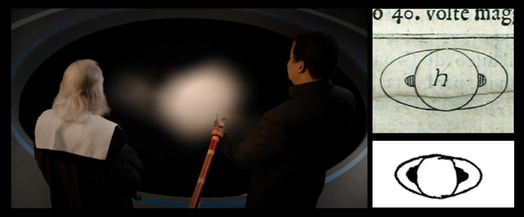 Left—On Cosmos, Galileo and Tyson look at Saturn as Galileo supposedly saw it through his telescope. Right—how Galileo portrayed Saturn.