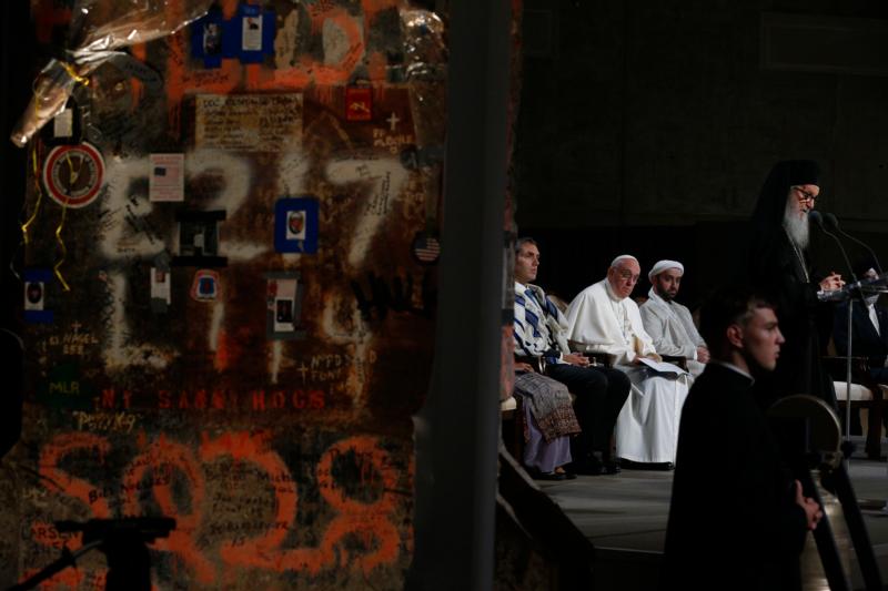 Pope Francis joins representatives of religious communities for meditations on peace in Foundation Hall at the ground zero 9/11 Memorial and Museum in New York Sept. 25. (CNS photo/Paul Haring) See POPE-GROUND-ZERO Sept. 25, 2015.