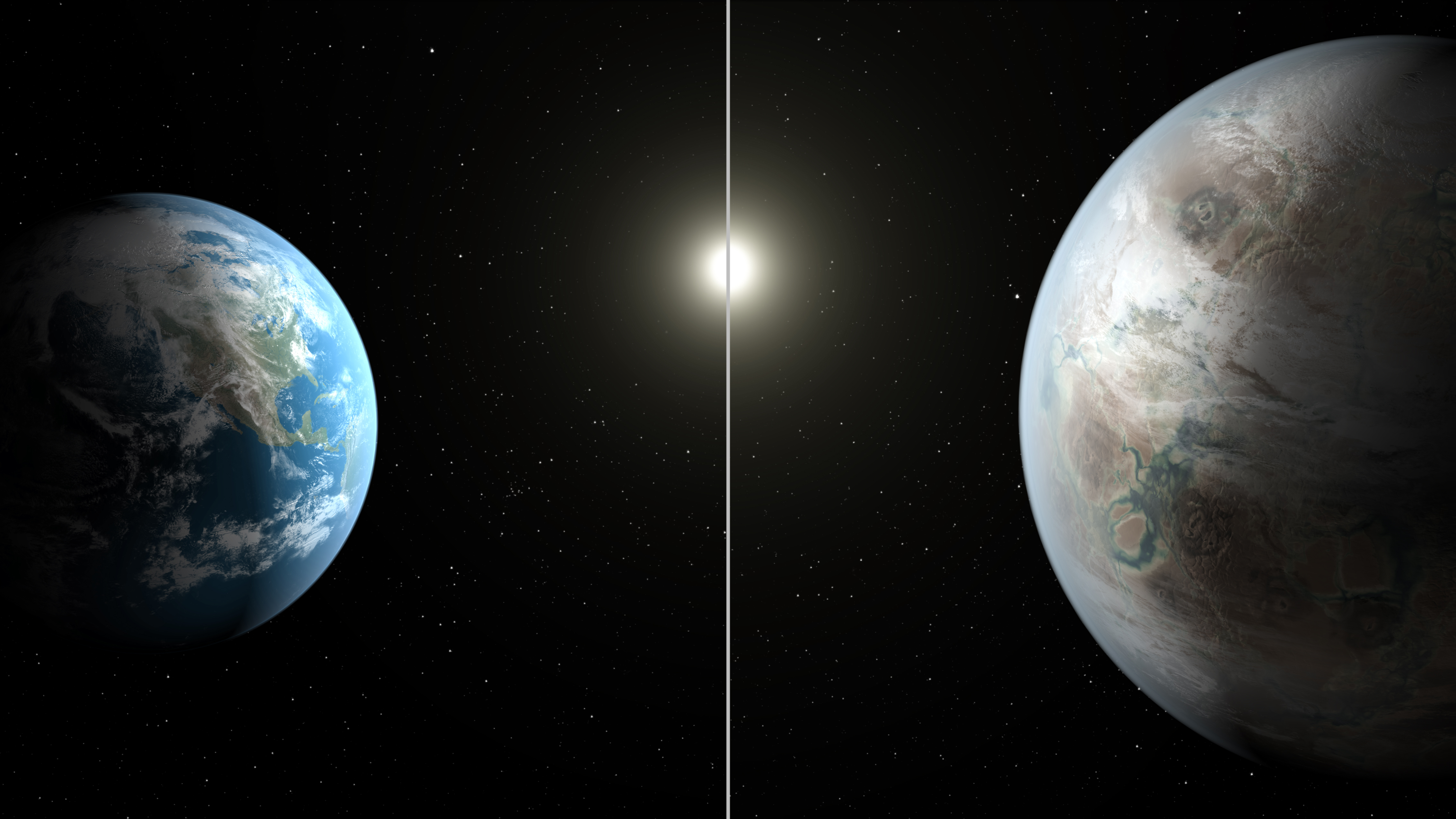 Artist's concept comparing Earth  to exoplanet Kepler-452b