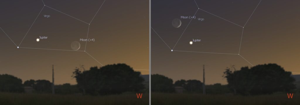 Conjunction of the Moon and Jupiter - 9:00 PM Aug 24 & 25, 2017 - West