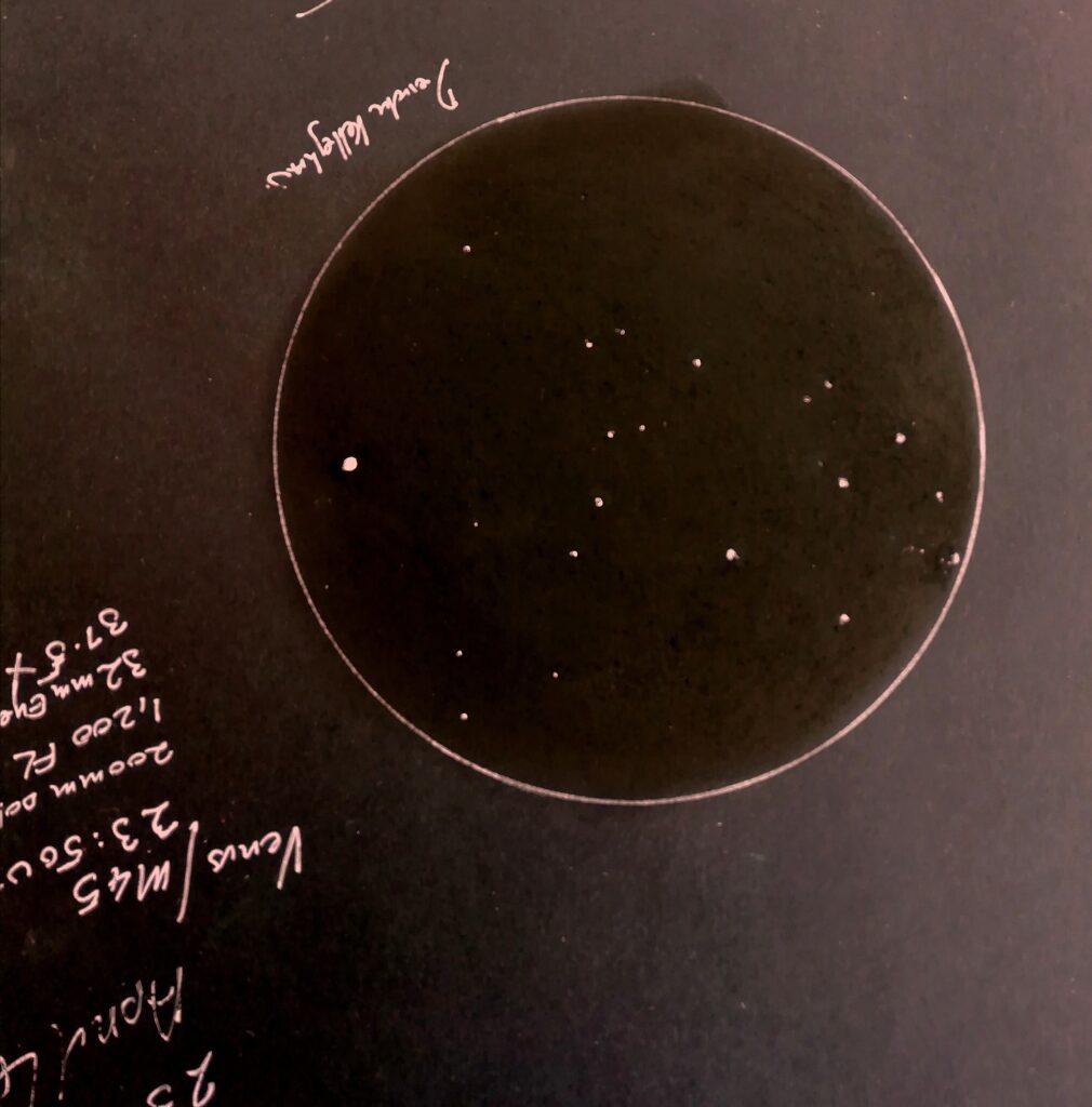 April 4th Venus/M45 conjunction 22:50 local time 23:50 UT - 200mm dob/1.200 FL/32mm eyepiece/ 37X