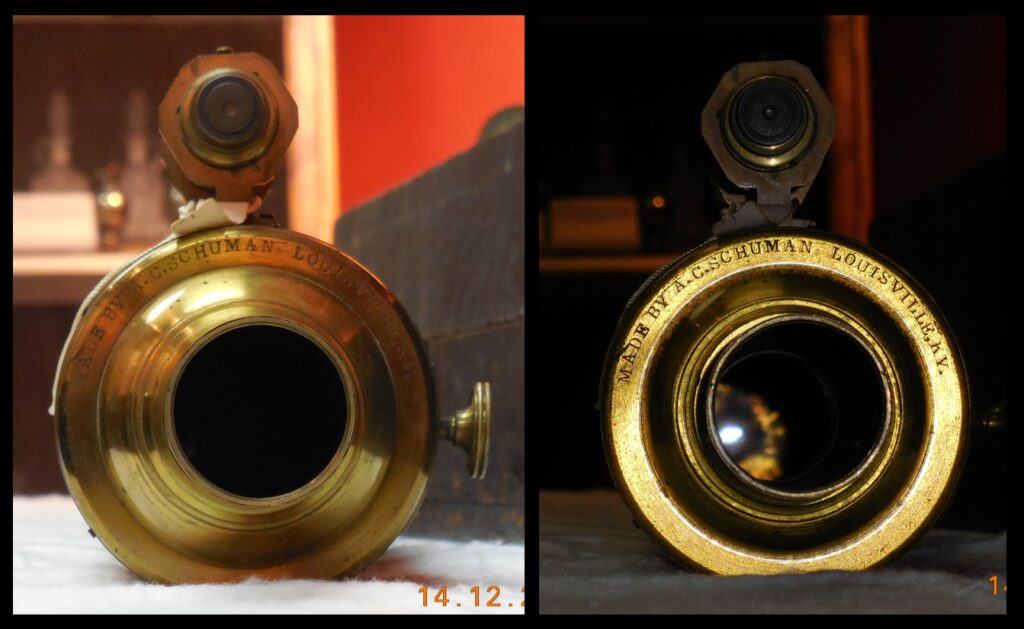 The eyepiece end of the telescope says “Made by A.C. Schumann Louisville, KY.” 