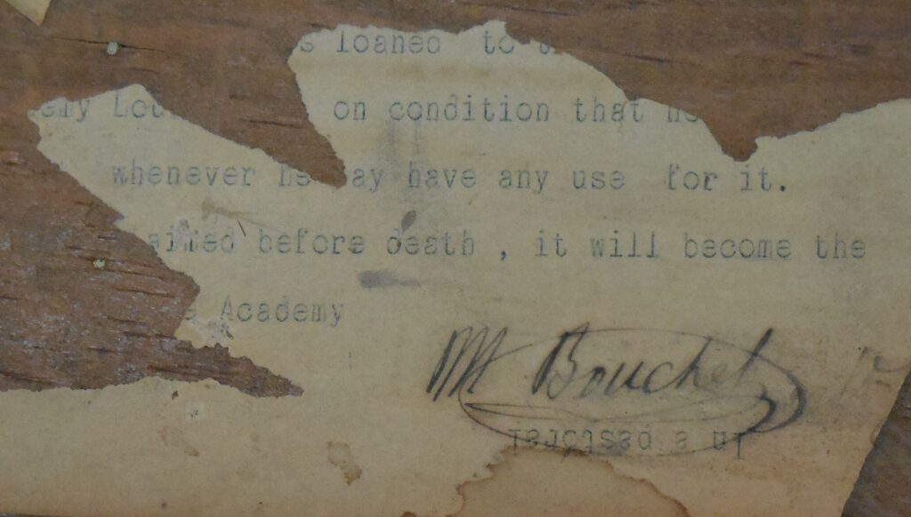 Bouchet’s signature, on what appears to be the remnant of some instructions, affixed to the inside of the telescope’s case, regarding what is to be done with the telescope.