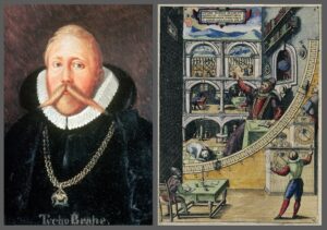 Left—Tycho Brahe. Right—An illustration of Tycho’s astronomical instruments, all of which are angle-measuring devices of one sort or another.