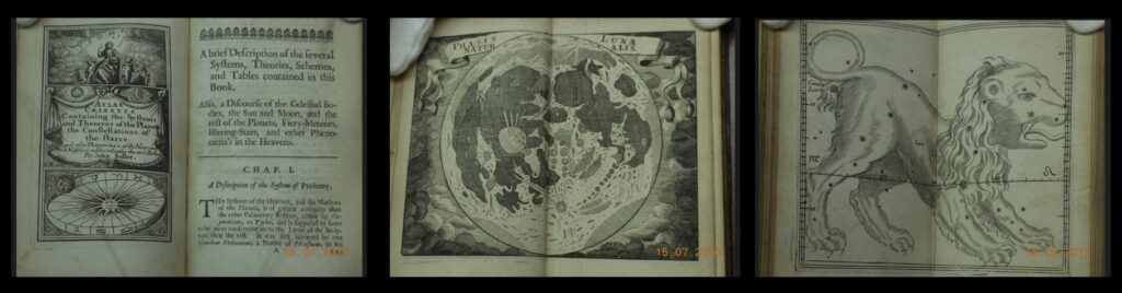 Pages from an older book—the 1677 Atlas Coelestis of John Seller.  Note the moon and the constellation of Leo the lion.