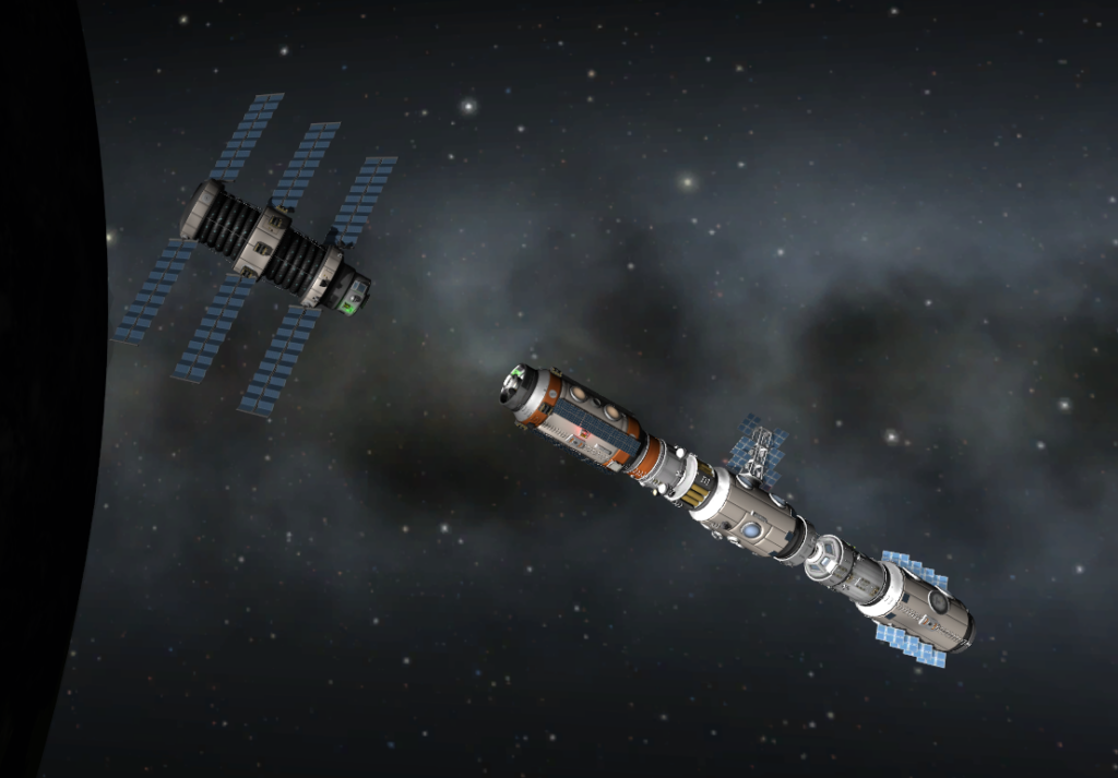 Building a space station using orbital rendezvous and docking maneuvers in Kerbal Space Program. 