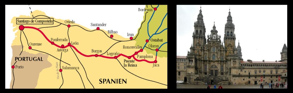 The route of El Camino de Santiago to the Cathedral of Santiago de Compostela, claimed to be the site of the tomb of the Apostle James the Greater.