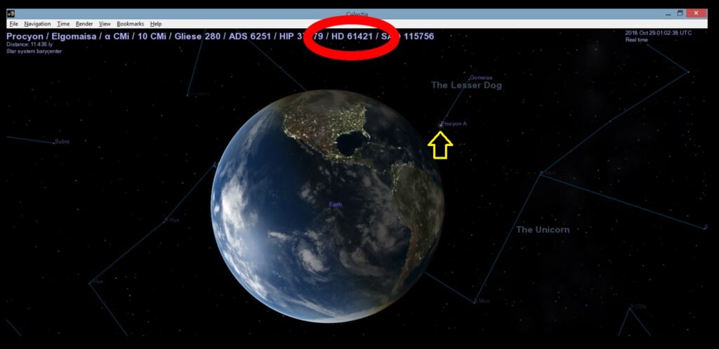 From the Celestia app—the star Procyon (arrowed) in Canis Minor (the Lesser Dog) is, among other things, star #61421 in the Henry Draper catalog.