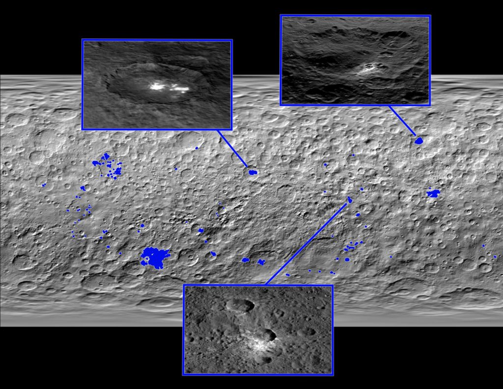 Map of Ceres, made from images taken by NASA's Dawn spacecraft, showing the locations of about 130 bright areas across the dwarf planet's surface, highlighted in blue. Credit: NASA/JPL-Caltech/UCLA/MPS/DLR/IDA