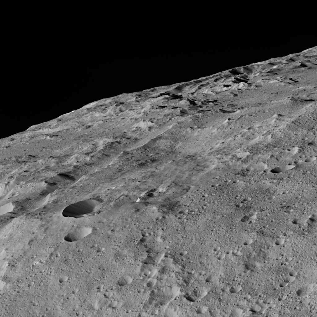 These views of Ceres, taken by NASA's Dawn spacecraft on Dec.10 shows an area in the southern mid-latitudes of the dwarf planet. They are located at approximately 38.1 south latitude, 209.7 east longitude, around a crater chain called Gerber Catena. Many of the troughs and grooves on Ceres were likely formed as a result of impacts, but some appear to be tectonic, reflecting internal stresses that broke the crust. A slightly different view of the same area, taken in the same sequence (Figure 1), is also available. The two views were combined to make a 3-D anaglyph (Figure 2). The spacecraft took these images in its low-altitude mapping orbit (LAMO) from an approximate distance of 240 miles (385 kilometers) from Ceres.