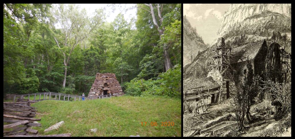 Left—a stone pile stands amidst the trees of Cumberland Gap National Historical Park, just east of Middlesboro, Kentucky. According to a National Park Service plaque, this is the remnants of the Newlee Iron Furnace. An iron smelting business operated here from the 1820s through the 1880s. Here once stood a 30 foot stone tower, a complex of industrial buildings, slag heaps, and water-powered machinery, as shown in the 19th-century illustration of the Newlee furnace at right. The furnace’s impact on the area was broad, too; the Park Service estimates that the furnace consumed ten square miles of trees in its sixty years of operation.