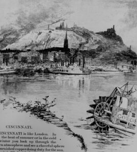 Illustration of Cincinnati, showing the riverfront and Mt. Adams.  Note the smoke drifting over the city.