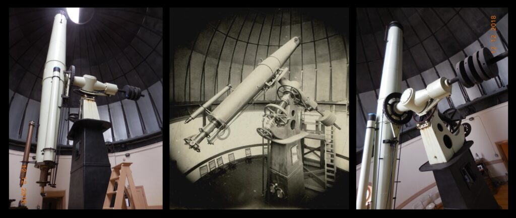 Three photos of the Alvan Clark telescope at the Cincinnati Observatory—two recent ones by yours truly, and one historic one from the Cincinnati Observatory’s web page.