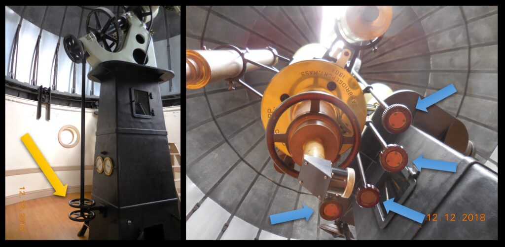 The weight-driven drive is not the only cool mechanical stuff on the telescope.  There are also mechanical “remote controls” by which a person standing at the base of the telescope can turn the entire telescope in any direction, by turning the two wheels indicated by the yellow arrow.  At the eyepiece there are also controls for fine movement and for locking the telescope in position, indicated by the blue arrows.