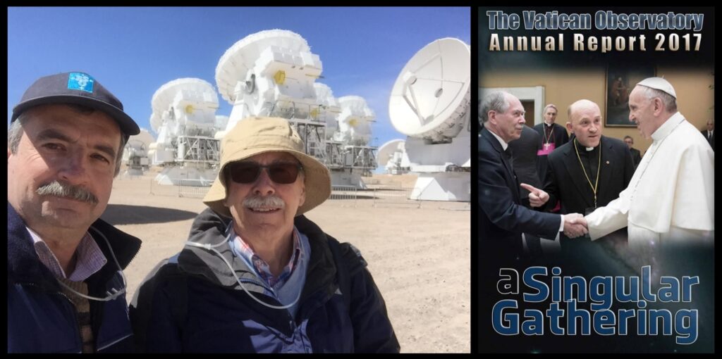 Being the representative of ESO in Chile for the past five years gave me the chance to show the observing facilities to illustrious guests. Here I am standing next to Prof. Gerard ‘t Hooft, Nobel Laureate of Physics 1999, who visited Chile in December 2017. Some readers may recognize Prof. ‘t Hooft, who also appeared in the cover of the Vatican Observatory Annual Report for 2017 shaking hands with Pope Francis. The place is the Chajnantor Plateau in the Northern Chilean Andes, where the Atacama Large Millimeter and submillimeter Array (ALMA) is located at an altitude of 5050 m (16570 ft) above sea level. The very high altitude and extremely dryness of the place makes the atmospheric conditions extremely good for observations in the far infrared and in microwaves. To find even better conditions, one must go either to Antarctica or to space. ALMA is jointly operated by ESO, North American, and East Asian institutions. (Credit: F. Comerón)