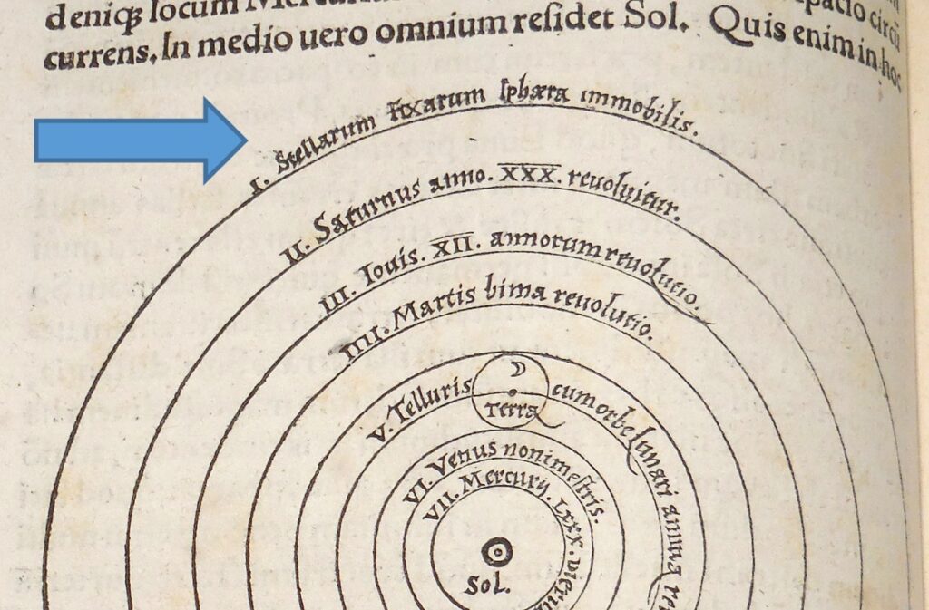 The Sphere of the Stars (arrowed) illustrated in the William Marshall Bullitt Collection copy of the 1543 De Revolutionibus of Copernicus, from the Archives and Special Collections at the University of Louisville Ekstrom Library.