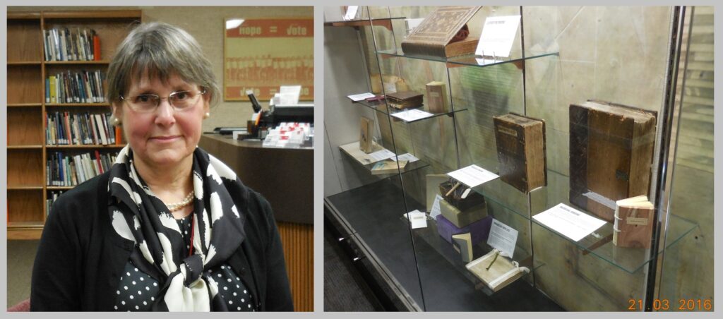 Delinda Stephens Buie (left); an exhibit of rare books at the University of Louisville library, Archives and Special Collections (right).