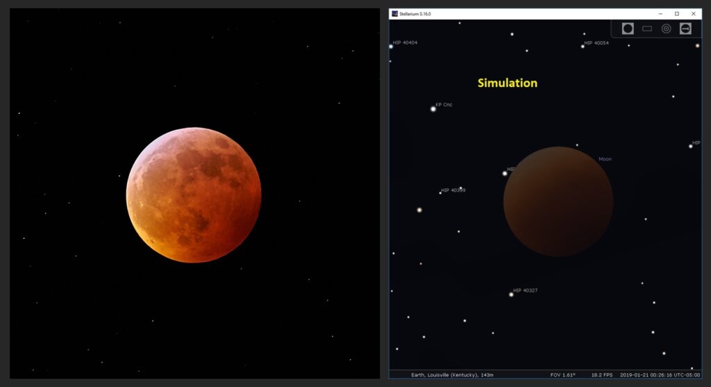 Left—the eclipsed moon. Right—a simulation of the eclipse, made using the Stellarium app. Note how Nguyen's photo captures many of the stars that were near the moon in the sky.