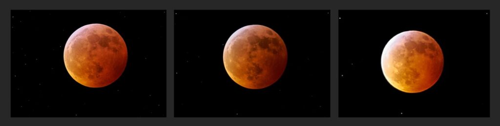 In this side-by-side comparison of the moon from each of the the above three photos (cropped), you can see the moon passing toward the left against the background stars. (Click image to enlarge.)