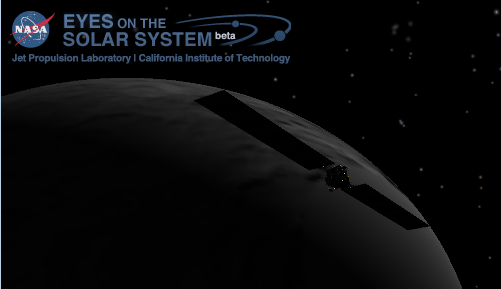 Visualization of the Dawn spacecraft silhouetted against Ceres on Dec. 10, 2015. Image created with NASA's Eyes on the Solar System app.