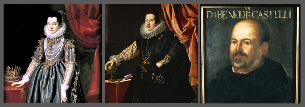 Left to right: Christina of Lorraine, Cosimo II de’ Medici, Benedetto Castelli.