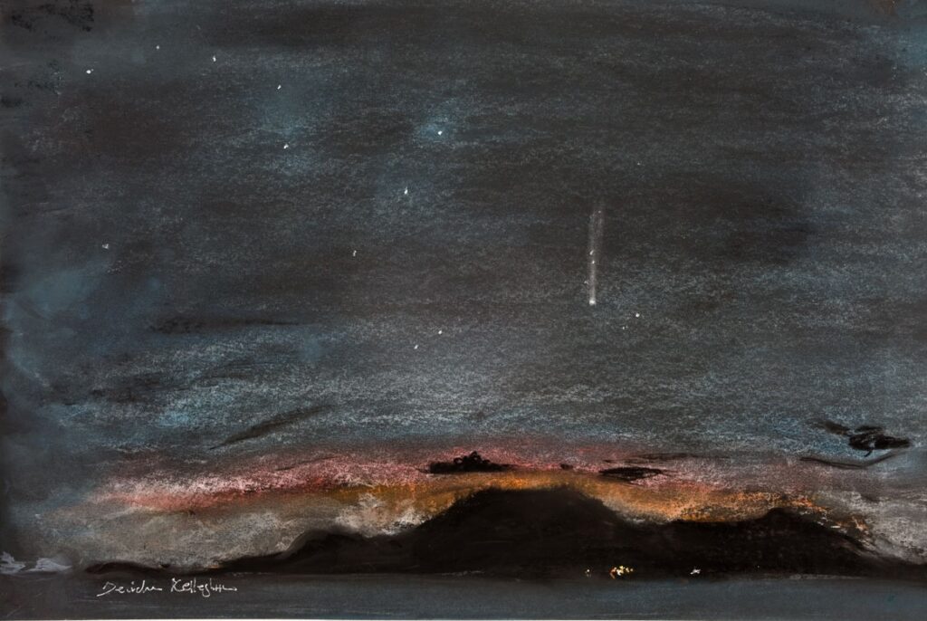 Comet C/2020 F3 (NEOWISE) over Clare Island Co Mayo. The comet looked like a an exclamation mark with the head of the comet being the dot. A3 black paper with Sennelier soft pastels. July 20th 2020 between 23:45 and 01:15 