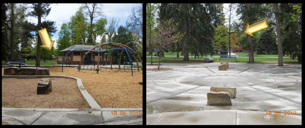 The playground near the Denver Observatory. The student observatory is visible in the photo on the left (arrowed), and the main observatory is visible in the photo on the right (also arrowed).