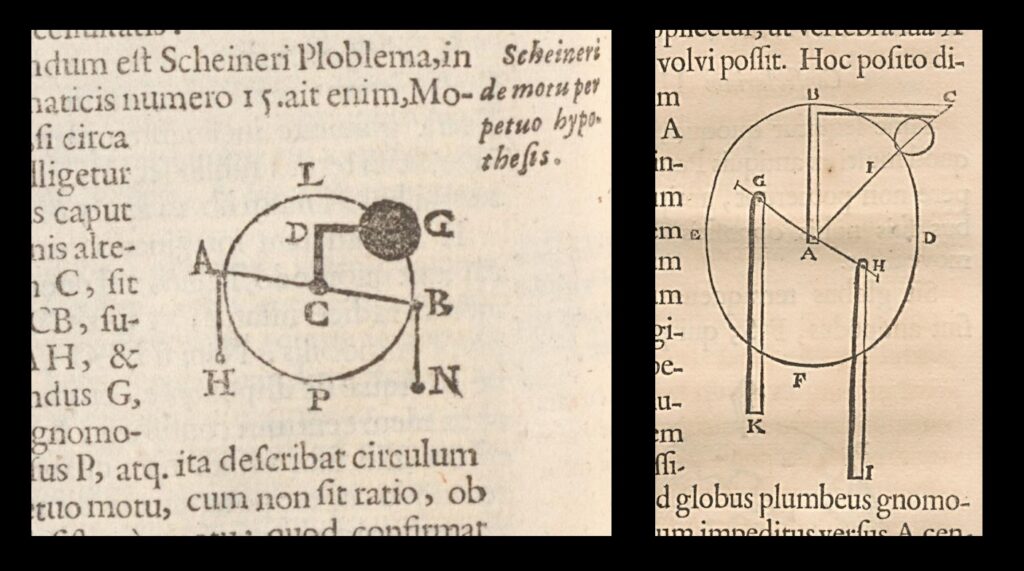 Left—Riccioli’s version of Locher’s diagram. Right—Kircher’s version. Note how Frs. Riccioli and Kircher both show only the final outcome of Locher’s thought process—namely, the ball orbiting a point—and omit the circles that show the Earth being imagined to be progressively smaller.