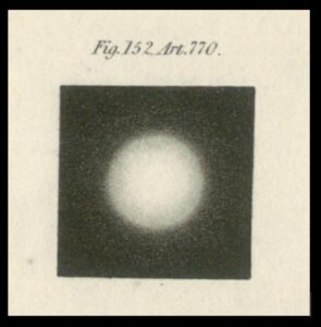 A star as seen through a very small aperture telescope, such as was used in the early seventeenth century (from J. F. W. Herschel’s 1828 Treatises on Physical Astronomy, Light and Sound). The globe-like appearance is entirely spurious, an artefact of optics (although this was not understood in Locher’s time) that makes the star appear vastly larger than it truly is. The vast sizes required for stars in the Copernican system in order for them both to show such size and to lie at such great distances that Earth’s motion around the sun produced no observable effects, was to Locher an argument for Earth’s immobility, and thus the Copernican system was to be rejected despite his physics explaining how Earth could orbit the sun.