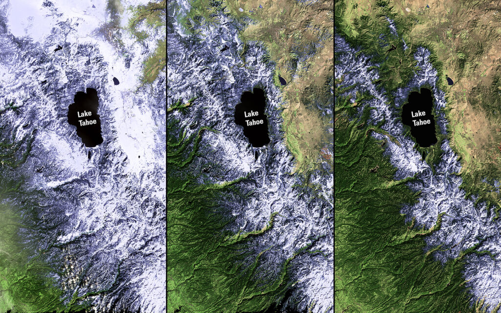 These images follow the progression of the California drought from 2011 (left), 2013 (middle), and 2014 (right). Image Credit: NASA