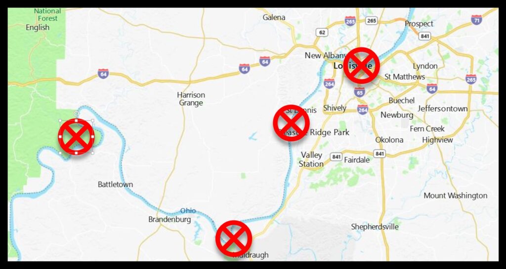 Seeing bald eagles near Louisville: from left to right, Leavenworth, Indiana; Otter Creek Park; Farnsley-Moremen Landing; downtown.