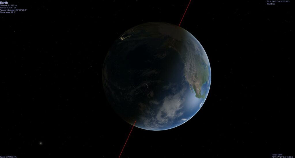 When Celestia starts, you are presented with a view of the Earth, as it appears in real-time. Image from Celestia.