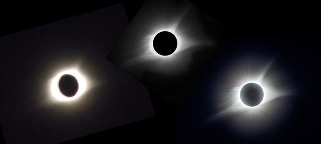 A variety of cool photos that illustrate both the eclipse and the limitations of photography.  Left—an “Eye of Sauron” photo by Fr. Richard Meredith, pastor of Sts. Peter & Paul church in Hopkinsville.  Center—photo taken by fellow Kentuckian and frequent commenter on The Catholic Astronomer, Joseph Listerman.  Right—photo by Claudio Costa; actually a composite of seven photos varying in exposure from 1 second to 1/1000 of a second (the star Regulus is seen to the left of the corona).  All three show the basic three-cornered shape to the corona.  But the difference between the real eclipse, and even the composite photo, exceeds the difference between the composite photo and the “Eye of Sauron”.