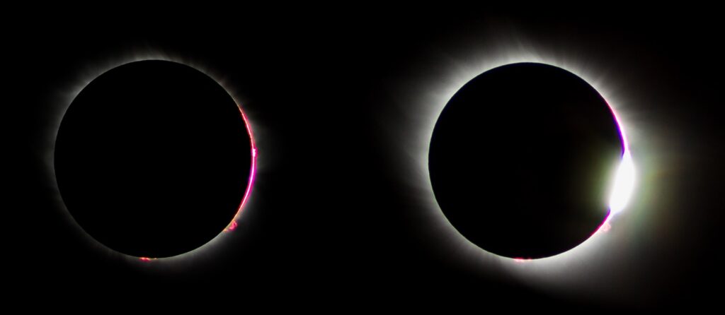 Two additional photos by Joseph Listerman, showing the moon moving off the sun.  Left—the “grass” of pink.  Right—the “diamond ring”.