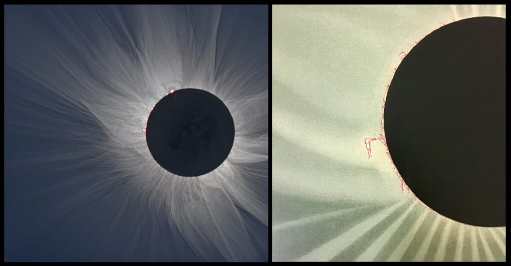 These images of past eclipses capture some of the drama of cream, pink, and black that was visible through my telescope.  Left—NASA image of an eclipse from a few years ago.  Right—a famous drawing by Étienne Leopold Trouvelot of an eclipse in 1878.