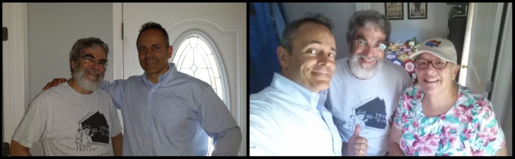 Left—Br. Guy and Kentucky Governor Matt Bevin, at Lynne Hensley’s farmhouse. Right—Bevin, Br. Guy, and Lynne.