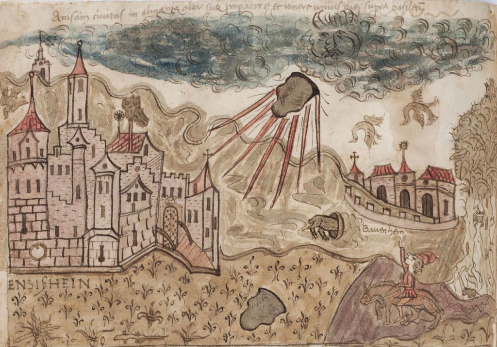 The fall of the Ensisheim Meteorite, 1492, from the Vatican Library (MS Chigi G.11.36, folio 199v)