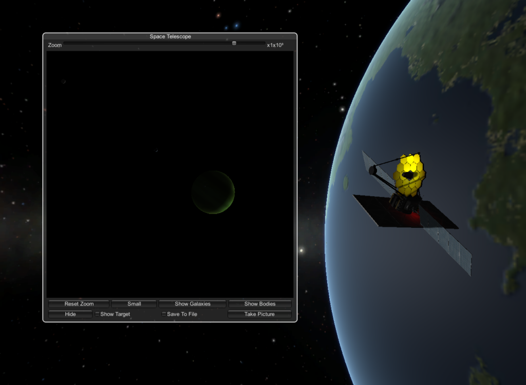 Exploring space with a space telescope - that looks suspiciously like NASA's James Webb Space Telescope, in Kerbal Space Program. 