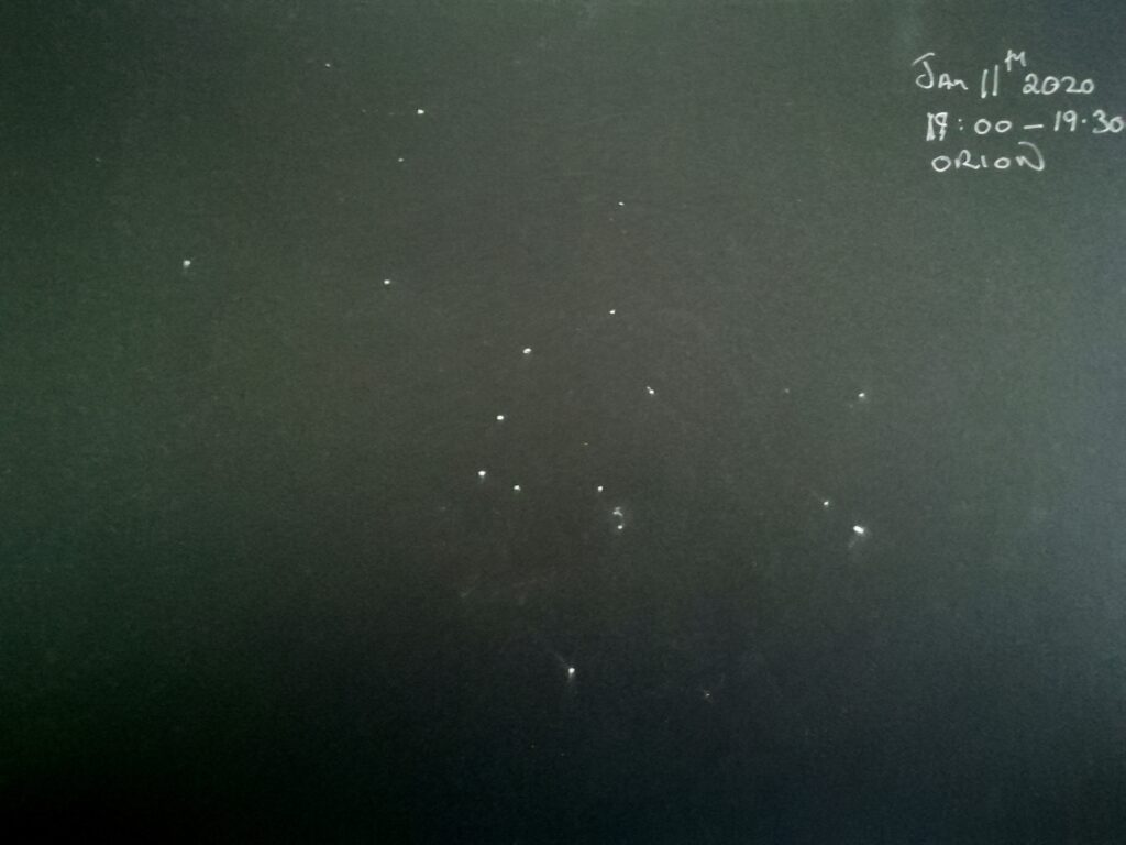 The constellation Orion rising in the east January 11th 2020. 19:00 UT - 19:30 UT White gel pen on black card. Ok so Rigel is a bit too bright I leaned to hard on the page :-) Beatelgeuse was a similiar magnitude to Belatrix. To my eye not a jot of colour at the time. 