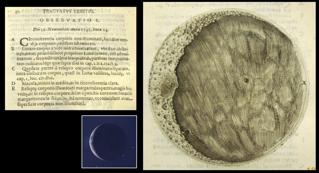 An illustration of the waxing crescent moon by Fontana.  The caption says, “Observation 1: 21 November 1645 [the 1545 date is a typo], around sunset.  A—The circumference of the unilluminated body, brighter than the middle regions of the shadowy body.  B—The lunar body not illuminated by the Sun, where two [things] were observed: the first of course the Moon’s own light, although shadowy; the second the unevenness of the shadow, indicating the unevenness of the regions. Read what I have said previously in chapter 1 and chapter 2 tract 2.  C—certain bright parts separated from the rest of the illuminated body, within the dark body, as though in the valleys of the moon, as I have said chapter 1, as previously cited.  D—A spot, bright on the circumference, and less in the middle.  E—The remaining pearly parts of the illuminated body, here more united, and also in the rest of the body.  Likewise the little pearly hooks separated from the points of the lunar horns, they are sharpened so that they coincide with the edge of the unilluminated body.”  E seems to be missing from the sketch (another typo).  The small inset image is the approximate appearance of the Moon on this date, according to the Stellarium app.  The date of the observation is also written around the edge of the moon.  From page 32 of Novae Coelestium.