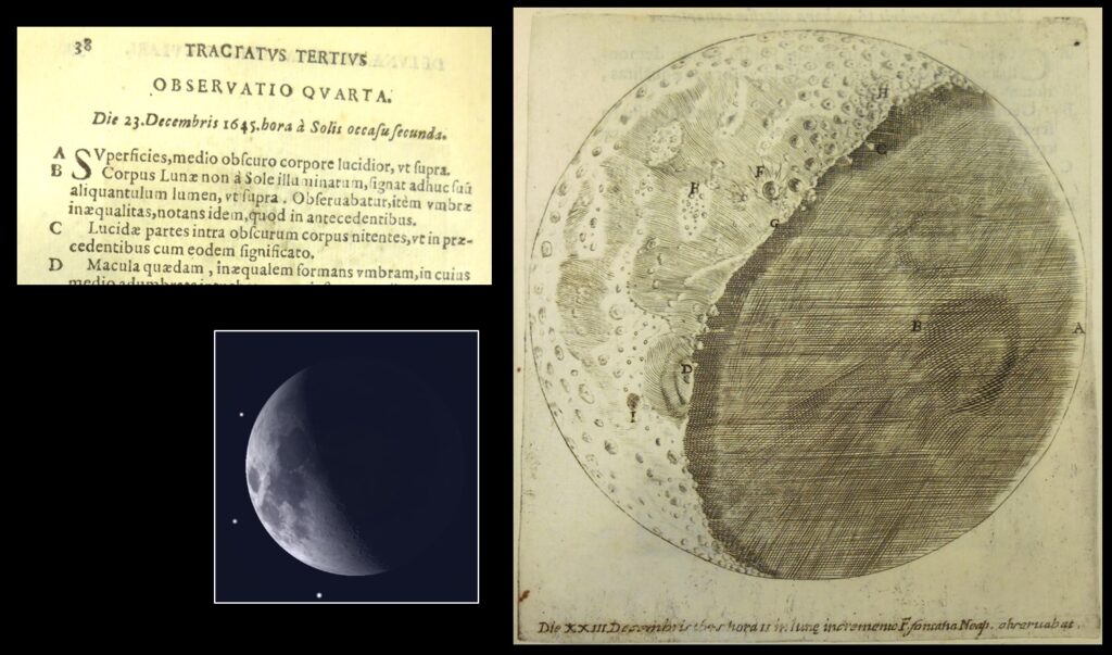 The quarter moon as sketched by Fontana.  The caption reads, in part, “Observation 4: 23 December 1645, two hours after sunset.  A—The edge, brighter than the middle region of the body, as above.  B—The body of the Moon not illuminated by the Sun, expresses still his little bit of light, as above.  Likewise, the unevenness of the shadow was observed, noting the same as in the preceding.  C—Brighter regions gleaming within the dark body...”  The small inset image is the Moon on this date, from Stellarium.  From page 38 of Novae Coelestium.