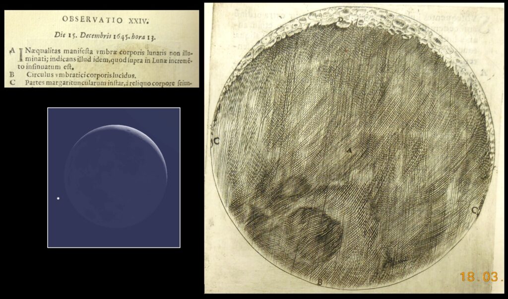 Fontana sketch of a waning crescent moon.  The caption reads, in part “Observation 24: 15 December 1645, before sunrise... B—The bright circle of the shaded body.”  Inset image is from Stellarium for this date.  From page 78 of Novae Coelestium.