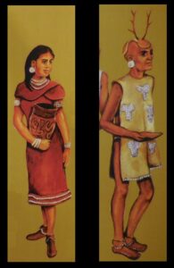 A panel in the Fort Ancient museum center shows these drawings, among others, of a Hopewell man and woman.  Clothing and ornamentation are based on clay figurines found at Hopewell sites in Ohio and Illinois.