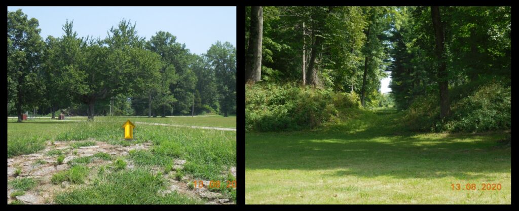 Left—the view from the mound, through gap #2 (arrowed) where the sun would rise on the summer solstice.  Right—a view of gap #2 from up close.