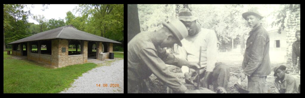 Left—the picnic shelter at Fort Ancient, constructed by the Civilian Conservation Corps in the 1930s.  Right—some of the men of the CCC who constructed the shelter and who otherwise made Fort Ancient into such an attractive place to visit.