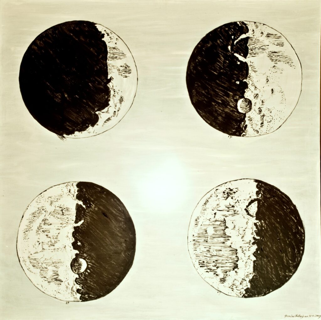 A 3X3 foot painting depicting a reproduction of 4 of Galileo's Moon phase drawings from Sidereous Nuncius - Oil on canvas by Deirdre Kelleghan 2009