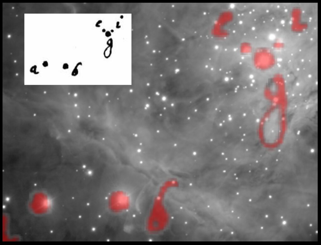 The white inset figure is Galileo’s sketch of the Trapezium in Orion (a close star grouping, similar in size to the Mizar double).  The larger surrounding figure is that sketch superimposed on a modern photograph of the Trapezium.  Note that Galileo’s sketch lines up almost perfectly with the modern photograph.