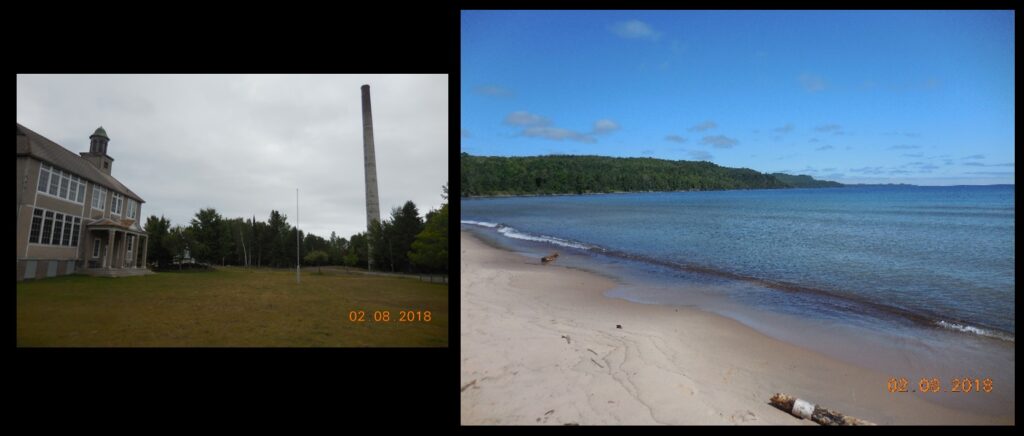 Left—The school and mill stack at Gay.  Right—later in the day, a few miles up the peninsula from Gay, under clear skies that promised an evening of stars.