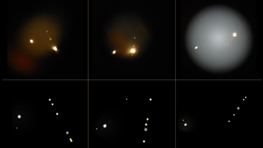 The top row are my lousy astrophotos, taken on (from left to right) December 20, 21, and 22.  The bottom row are simulations of the same photos using the Stellarium app.  The app shows faint things too brightly (the extra moon in the December 20 simulation is the star HIP 99314, which is much fainter than the Jovian moons), but still more or less replicates my photos.  My photos may be lousy, but they give a much better impression of what was visible through the eyepiece than do the simulations.