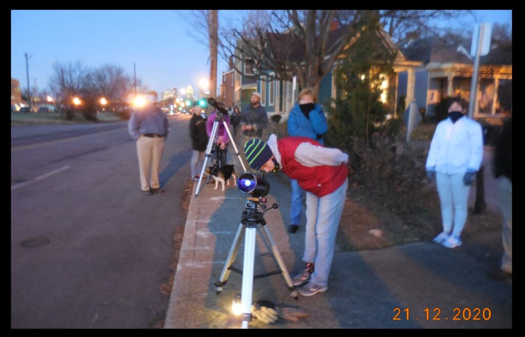 Some of the neighborhood out to see the Great Conjunction of 2020 on December 21.  We are not at the darkest location (you can see the skyscrapers of downtown Louisville in the background) but we did not really need dark skies for this viewing.